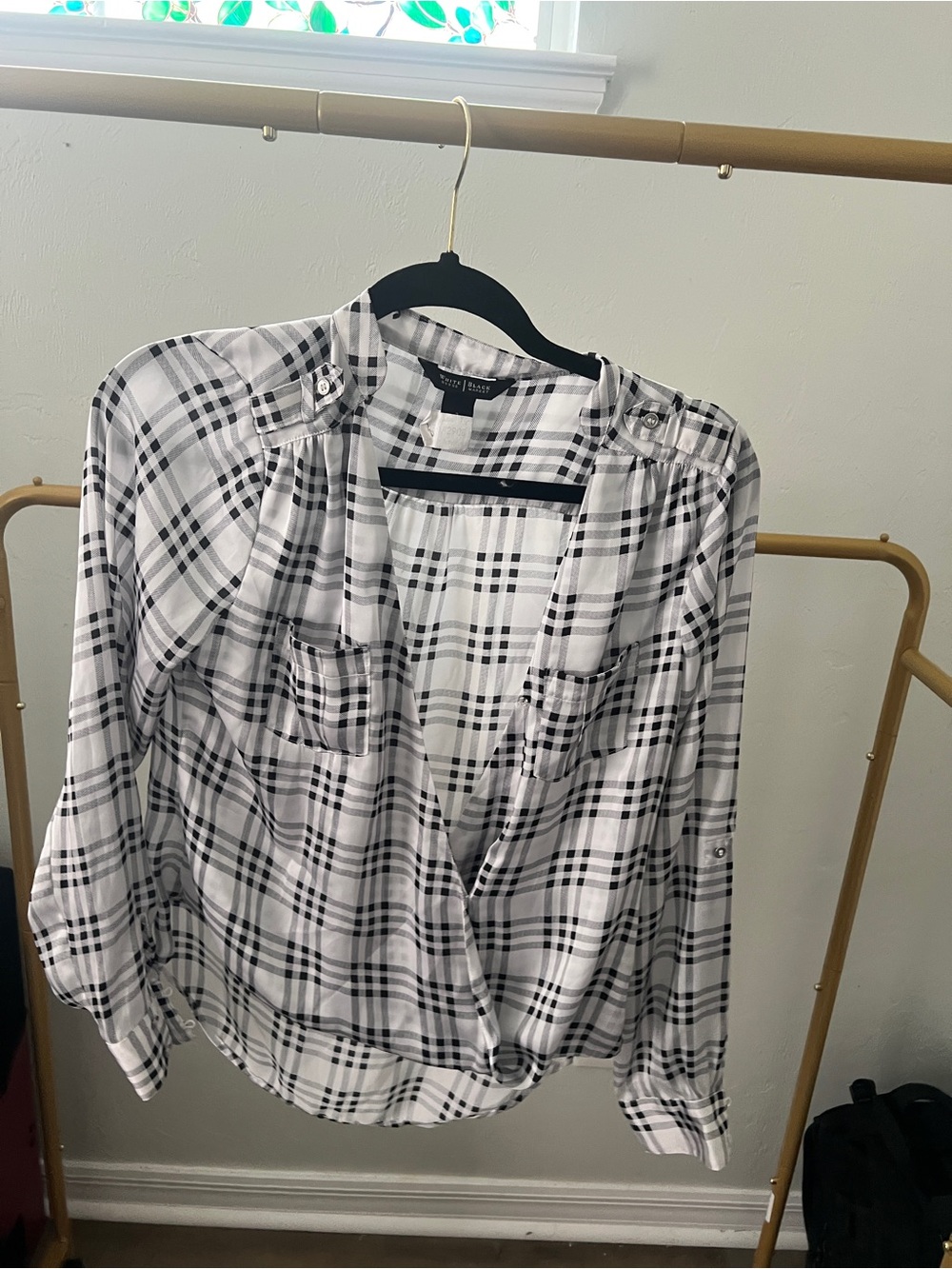 White House Black Market Black and White Plaid Wrap Blouse